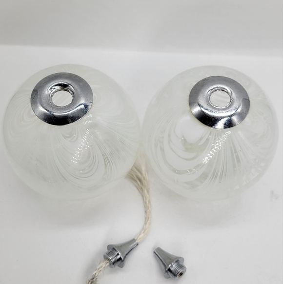 Hand-Blown Swirled White Glass Oil Lamps with Vintage Metal Wick Holders Set TWO - Picture 2 of 13
